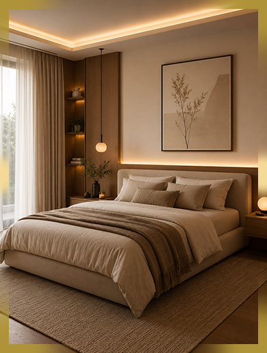 Warm minimalist bedroom interior