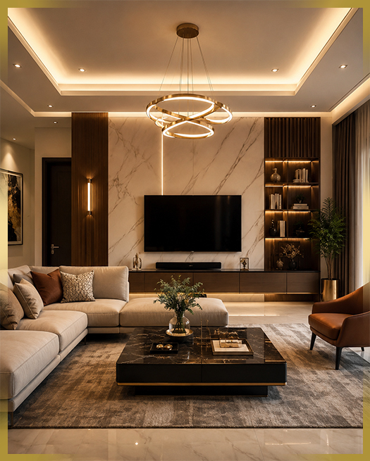 Serene bedroom in warm neutrals with linen bedding and oak panelling