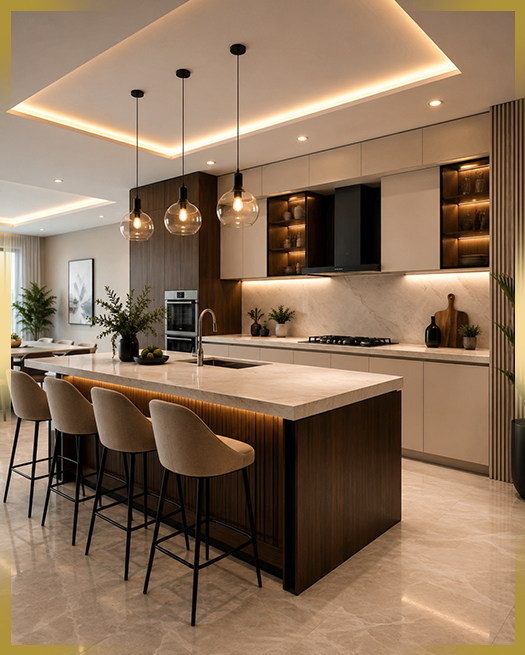 Open-plan living and dining space with travertine floors and sculptural lighting