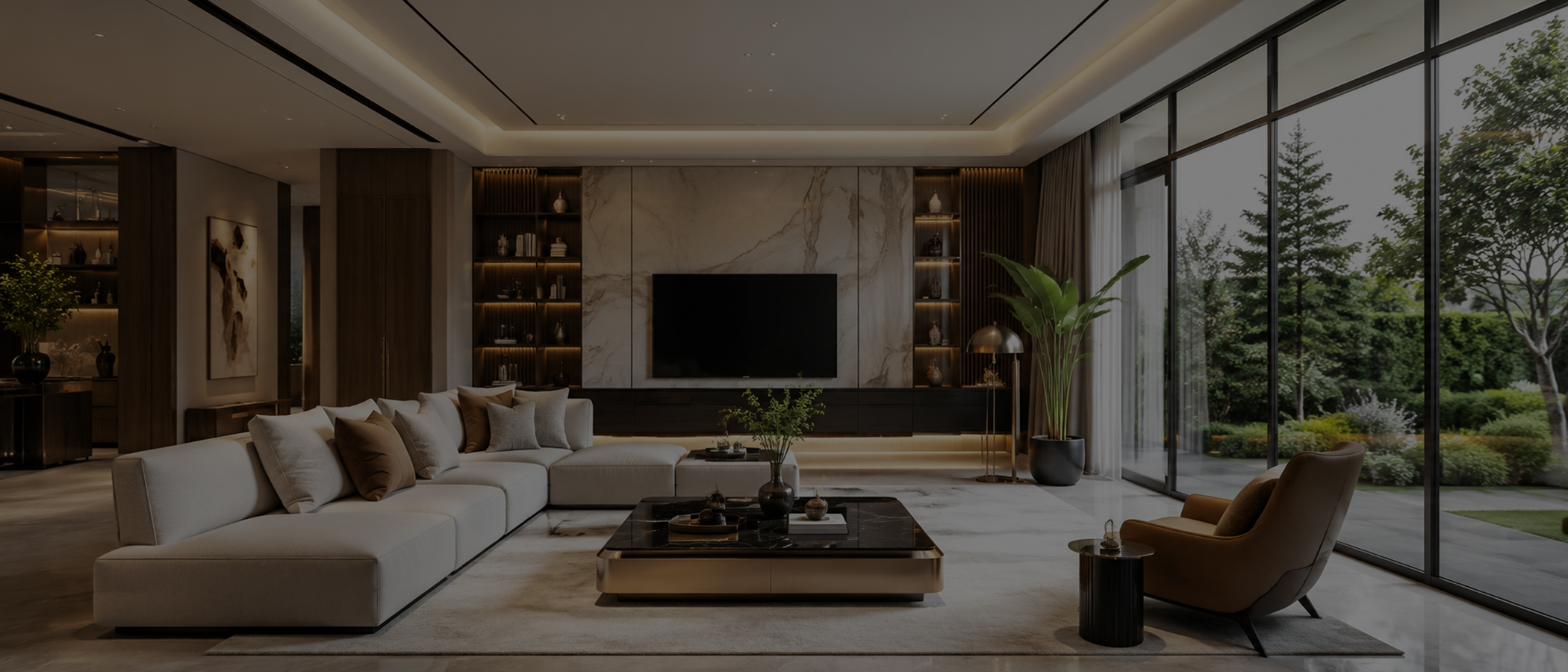 Sunlit modern living room with sculptural furniture and warm natural materials