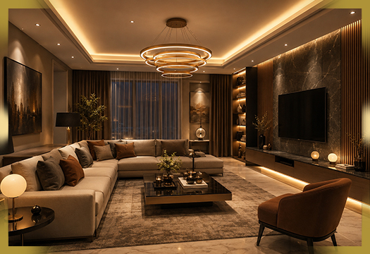 Layered lighting scheme in an evening interior